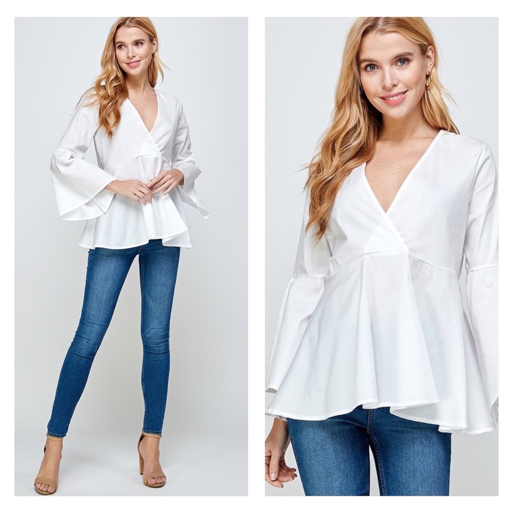 White V-Neckline Surplice Peplum Bell Sleeve Top NWT Size Medium
